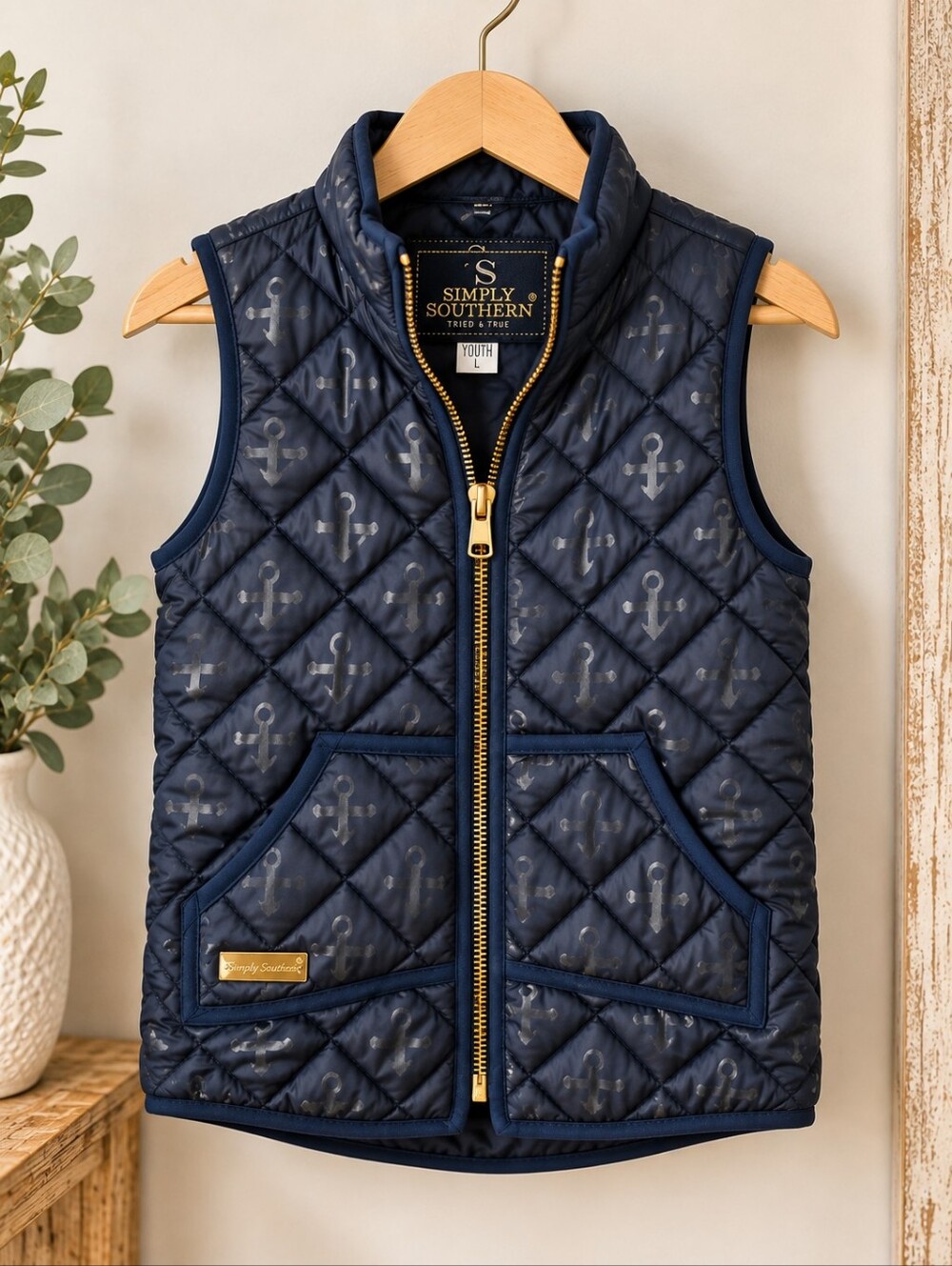 Simply Southern Youth Navy Quilted Anchor Vest Youth Large